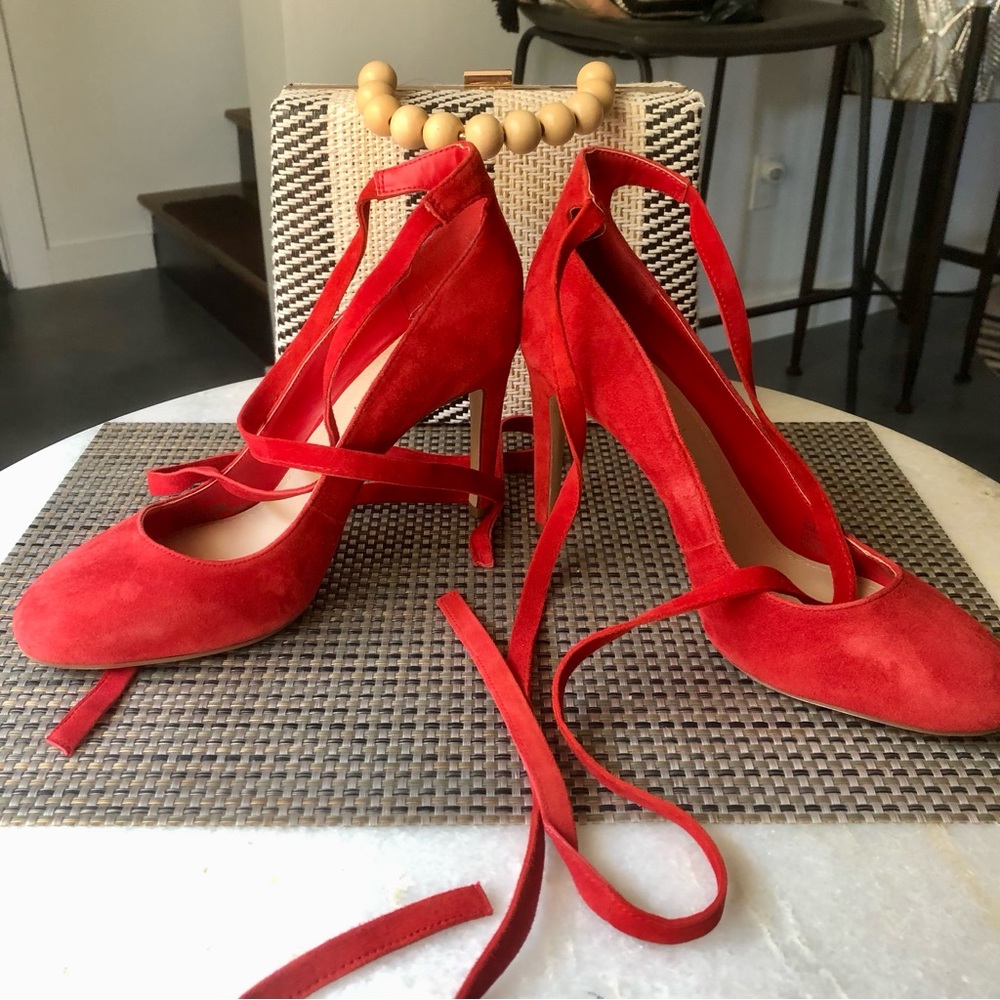 BCBGeneration Red Suede Ankle Wrap Heels - Picture 2 of 7